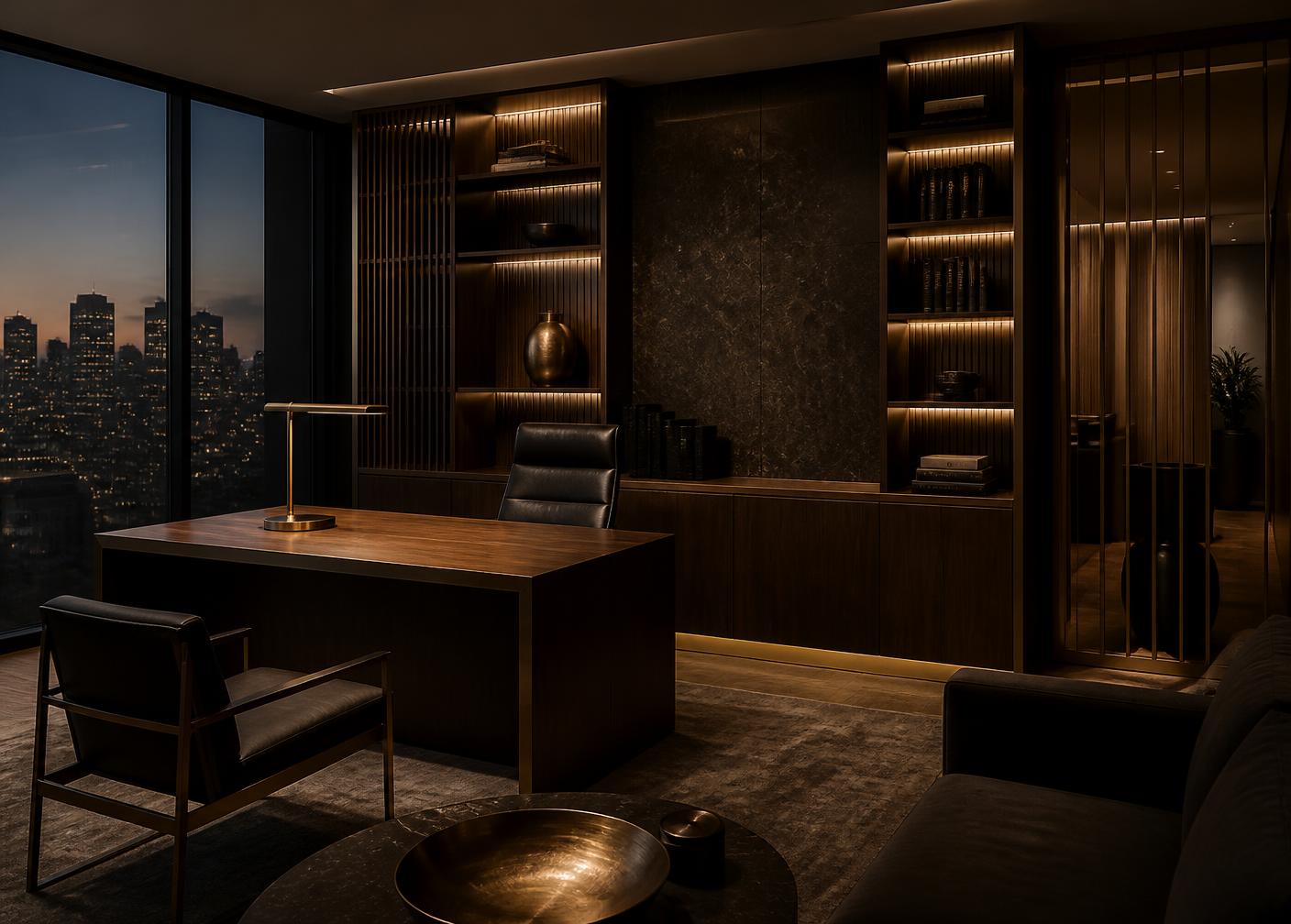 Dark timber and brass law office interior at dusk